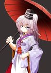  absurdres adapted_costume bad_id bad_pixiv_id grey_eyes hat highres japanese_clothes kariginu long_sleeves mononobe_no_futo oriental_umbrella ponytail short_hair silver_hair skirt smile solo sudo_shinren tate_eboshi touhou umbrella wide_sleeves 