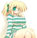  blonde_hair blush crossed_legs glasses green_eyes long_hair original pointy_ears ponytail ribbed_sweater sakaki_(noi-gren) sitting solo striped striped_sweater sweater white_background 