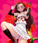  aiming_at_viewer blue_eyes blush brown_hair collarbone detached_sleeves dress food fruit gun heart holding holding_gun holding_weapon leg_up long_hair looking_at_viewer mac-10 masao original panties pink_background solo strap_slip strawberry striped striped_panties submachine_gun underwear weapon 