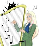  alternate_form alucard_(hellsing) ascot bad_id bad_pixiv_id blonde_hair blue_eyes blush dress glasses green_dress harp hellsing instrument integra_hellsing long_hair musical_note smile solo yagami_otoya 