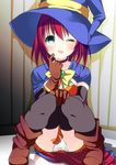  ;p alice_wishheart aqua_eyes bad_id bad_pixiv_id black_legwear blush boots bow brooch brown_gloves cape choker gloves hat jewelry knees_together_feet_apart magical_halloween one_eye_closed panties pantyshot pantyshot_(sitting) red_hair reflection reflective_floor shadow shiori_(moechin) sitting skirt solo thighhighs tongue tongue_out underwear white_panties witch_hat yellow_bow 