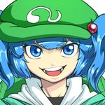 bad_id bad_pixiv_id blue_eyes blue_hair face hair_bobbles hair_ornament hat kawashiro_nitori looking_at_viewer lowres open_mouth smile solo space_jin touhou 