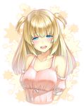  :d bare_shoulders blonde_hair blue_eyes blush collarbone cropped_arms detached_sleeves half-closed_eyes highres long_hair looking_at_viewer no_legs open_mouth original shirousagi_uyu smile solo two_side_up upper_body 
