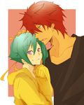  1girl aine_(haibane) aquarion_(series) aquarion_evol collarbone couple eyebrows_visible_through_hair green_hair hair_ribbon hand_on_another's_head hetero highres hood hoodie kagura_demuri long_sleeves open_mouth purple_eyes red_hair ribbon short_hair sketch sleeves_past_wrists smile yellow_eyes zessica_wong 