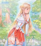  asuna_(sao) bandages blonde_hair blush breasts leaning_back long_hair mayo_riyo medium_breasts orange_eyes solo sword_art_online thighhighs traditional_media water wet 