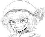  bad_id bad_pixiv_id face greyscale grin hat monochrome remilia_scarlet sharp_teeth simple_background smile solo space_jin teeth touhou white_background 