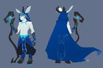  black_fur clothed clothing fur glowing glowing_eyes grey_background hair horn jewelry magic male model_sheet patto plain_background polearm solo staff topless white_fur white_hair yellow_eyes 