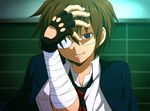  1boy bad_id bad_pixiv_id black_eyes blazer brown_hair chuunibyou_demo_koi_ga_shitai! danshi_koukousei_no_nichijou dark_flame_master fingerless_gloves glasses gloves jacket necktie parody striped striped_neckwear tabata_hidenori 