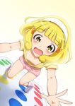  bad_id bad_pixiv_id blonde_hair blush downblouse hairband highres kise_yayoi loungewear open_mouth precure short_hair shorts smile_precure! socks solo striped striped_legwear twister umigraphics white_hairband yellow_eyes 