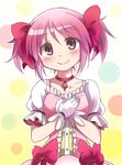  blush bow gloves hands_on_own_chest hands_together kaname_madoka looking_at_viewer magical_girl mahou_shoujo_madoka_magica own_hands_together pink_eyes pink_hair sakayama_shinta short_twintails smile solo twintails 