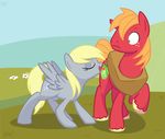  blonde_hair cutie_mark derpy_hooves_(mlp) duo equine female feral friendship_is_magic green_eyes hair hooves horse licking male mammal my_little_pony outside pegasus pony surprise tongue wings yoke 