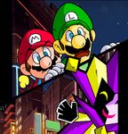  ^_^ blue_eyes brothers building buildings cap city dimentio eyes_closed facial_hair gloves hat hats jester lights lowres luigi male male_focus mario multiple_boys mustache night nintendo open_mouth paper_mario shocked siblings smile split_screen star super_mario_bros. super_paper_mario surprised suspenders 