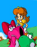  2girls birdo blue_eyes bow brown_hair claws crown earrings field gloves grass hands_on_hips jewelry lowres mario_(series) multiple_girls nintendo no_nose outdoors outside princess princess_daisy sky smile super_mario_bros. super_mario_land yoshi 