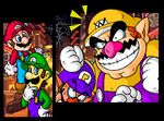  4boys blue_eyes brothers building buildings cap car city clenched_hand facial_hair ferris_wheel fist gloves grin hand_on_another's_chin hand_on_chin hand_on_head hand_on_hips hat lights luigi male male_focus mario mario_(series) motor_vehicle multiple_boys mustache night nintendo people road siblings smile split_screen street super_mario_bros. suspenders sweat thinking vehicle waluigi wario 
