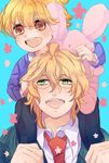  blazer blonde_hair brown_eyes carrying crossover glasses green_eyes haninozuka_mitsukuni jacket male_focus multiple_boys necktie open_mouth ouran_high_school_host_club school_uniform shinomiya_natsuki shoulder_carry smile stuffed_animal stuffed_toy trait_connection uta_no_prince-sama 