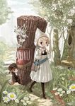  animal axe bad_id bad_pixiv_id banner belt blonde_hair box brown_eyes clothed_animal daisy dress flask flower forest fox gokuma hood jacket nature open_mouth original pantyhose path road rope short_hair smile sticks tree 