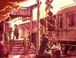  6+girls anime_location black_hair blonde_hair blue_eyes brown_eyes brown_hair casual commentary_request fare_gate glasses ground_vehicle hashiribe_akira helmet highres hirasawa_ui k-on! multiple_boys multiple_girls nakano_azusa okuda_nao pantyhose railroad_crossing saitou_sumire short_hair short_twintails suzuki_jun thighhighs train train_station tree twintails 