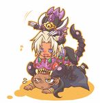  animal animal_on_head atusix black_hair blonde_hair chibi claws duel_monster jewelry looking_down lying makyura_the_destructor marik_ishtar millennium_scorpion multiple_boys on_head purple_eyes rishid_ishtar scorpion simple_background spikes stacking tattoo yellow_eyes yuu-gi-ou 