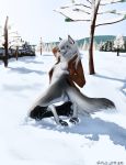  anthro arnius blue_eyes breasts butt canine clothing dog featureless_breasts female hair husky jacket kneeling mammal outside pawpads sky snow solo tree white_hair winter 