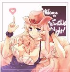  blonde_hair bow breasts cleavage cowboy_hat hair_ornament hairclip hand_on_own_face hat heart hirokawa_tomo large_breasts long_hair macross macross_frontier macross_frontier:_itsuwari_no_utahime pointing purple_eyes revision sheryl_nome sitting smile solo western wrist_cuffs 