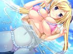  arms_up artist_request bikini blonde_hair blue_eyes blush breasts cameltoe cleavage erect_nipples frilled_bikini frills honoo_no_haramase huge_breasts large_breasts long_hair micro_bikini navel ocean sea smile squeez swimsuit twintails yuibi 