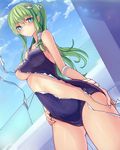  bare_shoulders blue_eyes blush breasts cloud day frog_hair_ornament green_hair hair_ornament hair_tubes kochiya_sanae long_hair medium_breasts name_tag one-piece_swimsuit page_tear ponytail revealing_cutout school_swimsuit sky solo sunlight swimsuit touhou underboob walzrj 