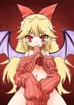  akou_roushi alternate_costume bare_shoulders bat_wings blonde_hair blush bottomless bow covering covering_crotch elis_(touhou) facepaint fang flat_chest hair_bow long_hair looking_at_viewer mouth_hold naked_sweater navel pointy_ears red_eyes ribbed_sweater shirt_lift sleeves_past_wrists smile solo star sweater touhou touhou_(pc-98) wings 