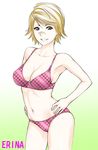  armpits bandaid bandaid_on_nose blonde_hair bra breasts brown_eyes cleavage clover_(shoukan_shounen_champion_manga) grin hands_on_hips large_breasts navel panties red_bra red_panties revision sanada_erina short_hair simple_background smile solo st.germain-sal underwear underwear_only 