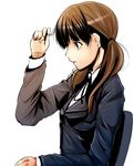  bangs blunt_bangs brown_hair copyright_request expressionless from_side hiroaki_(huruhonya) long_hair school_uniform short_hair simple_background sitting solo twintails white_background 