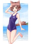  absurdres akiyama_yukari animal_ears bangs barefoot beach blue_swimsuit breasts brown_eyes brown_hair cloud cloudy_sky day girls_und_panzer highres kemonomimi_mode leg_up looking_at_viewer messy_hair one-piece_swimsuit open_mouth outdoors salute school_swimsuit short_hair sky small_breasts smile solo standing swimsuit tail wolf_ears wolf_tail yamada_(yamada_adamay) 