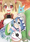  animal_hood bad_id bad_pixiv_id bare_shoulders blue_hair breastplate brown_hair bunny crossover date_a_live dragon fingerless_gloves gloves h2o_(ddks2923) hood multiple_girls pina_(sao) puppet red_eyes short_hair short_twintails silica stuffed_animal stuffed_bunny stuffed_toy sword_art_online twintails yoshino_(date_a_live) yoshinon 