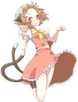  :d animal_ears blush brown_hair cat_ears cat_tail chen earrings jewelry kuronuko_neero legs_up multiple_tails open_mouth paw_pose red_eyes short_hair simple_background skirt smile solo tail touhou white_background 