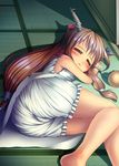  bloomers blush bow brown_eyes chain cuffs hair_bow hair_ornament horn_ribbon horns ibuki_suika kachiwarigoori long_hair lying on_floor on_side open_mouth orange_hair ponytail revision ribbon shirt sleeveless sleeveless_shirt solo tatami touhou underwear wrist_cuffs 