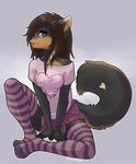  &lt;3 abstract_background arm_support average_breasts black_fur black_nose blue_eyes breasts brown_hair canine clothing countershading dog ears_up female flat_belly fluffy_tail hair hands long_hair looking_at_viewer pajamas pants shirt signature sitting smile stockings stripes thekitty two_tone_fur two_tone_hair 