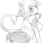  &#12365;&#12367;&#12425;&#12370; blush booty_shorts bovine breasts cattle clothed clothing cowbell cute female fur hair horn invalid_tag jeans kikurage long_tail looking_at_viewer mammal monochrome monotone open_mouth plain_background raised_tail shirt short_hair shorts side_boob skimpy solo tank_top ushi white_background 
