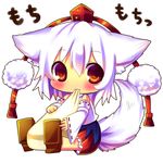  :3 animal_ears blush chibi chocolat_(momoiro_piano) detached_sleeves eating food hat hat_ribbon holding holding_food inubashiri_momiji long_sleeves minigirl mochi red_eyes ribbon shirt short_hair silver_hair sitting skirt solo tail tokin_hat touhou wagashi wide_sleeves wolf_ears wolf_tail 