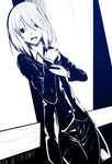  :d against_wall blue copyright_request dress formal hair_ornament hair_over_one_eye hairclip highres hiroaki_(huruhonya) long_sleeves looking_at_viewer monochrome open_mouth smile solo suit 