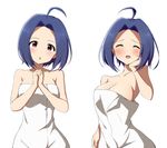  :o ^_^ ahoge blue_hair blush breasts cleavage closed_eyes collarbone hands_clasped idolmaster idolmaster_(classic) large_breasts miura_azusa naked_towel open_mouth own_hands_together pink_eyes rariemonn short_hair simple_background solo towel white_background 