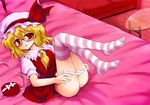  ascot bed bespectacled blonde_hair blush contemporary flandre_scarlet glasses hat leg_lift lying marugoshi_(54burger) on_bed panties panty_pull revision short_hair solo striped striped_legwear thighhighs touhou underwear white_panties 