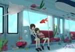  bag brown_hair clownfish coral fish hair_ornament hairclip jellyfish mituame multiple_girls octopus open_mouth original purple_eyes school_bag school_uniform serafuku short_hair sitting skirt sleeping smile stingray surreal train_interior underwater whale 