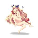  bat_wings blush breasts detached_wings hinghoi hug long_hair medium_breasts multiple_girls nipples nude original red_eyes simple_background very_long_hair white_background wings 