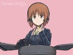  anglerfish binoculars blue_jacket brown_eyes brown_hair emblem frown german girls_und_panzer green_shirt ground_vehicle headphones jacket long_sleeves military military_uniform military_vehicle motor_vehicle nishizumi_miho oniyan ooarai_military_uniform pink_background school_uniform serafuku shirt short_hair simple_background tank throat_microphone uniform upper_body 