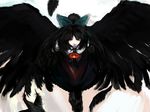  black_hair black_wings bow feathers hair_bow highres large_wings leaning_forward licking_lips long_hair pale_skin ponytail red_eyes reiuji_utsuho revision sinzan smile solo third_eye tongue tongue_out touhou wings 