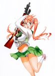  absurdres brown_eyes female glasses gun highres highschool_of_the_dead lingerie long_hair machine_gun official_art open_mouth panties pink_hair ribbon rifle satou_shouji school_uniform smile solo submachine_gun takagi_saya type_100 underwear uniform weapon weapons 