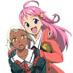  2girls :d ahoge blue_eyes blush blush_stickers bodysuit braid dark_skin freckles gloves highres lal'c_mellk_mal long_hair multiple_girls nono_(top_wo_nerae_2!) open_mouth pink_hair short_hair smile todoroki_(xttn9dul) top_wo_nerae_2! white_hair yellow_eyes 