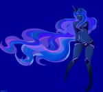  2012 animal_ears artist_name bare_shoulders blue blue_background blue_eyes blue_skin dark_skin dated full_body highres horn kansan long_hair luna_(my_little_pony) multicolored_hair my_little_pony my_little_pony_friendship_is_magic navel personification solo very_long_hair 