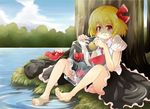  1girl apple barefoot black_dress blonde_hair blue_sky cloud day dress eating food forest frozen fruit hair_ribbon holding holding_food holding_fruit ice ice_cube jagabutter lake melon mundane_utility nature peach red_eyes revision ribbon rumia shirt shoes_removed short_hair sitting sky soaking_feet solo sweat touhou translated tree upskirt water 