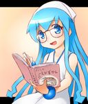  1girl bespectacled blue_eyes blue_hair book dress glasses hat holding holding_book ikamusume long_hair onsoku_maru open_mouth shinryaku!_ikamusume smile solo tentacle_hair 