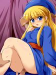 1boy 1girl bangs blonde_hair blue_eyes blush breasts censored chair har highres konpeto legs long_hair pussy pussy_juice puyopuyo robe solo steam sweat thighs witch_(puyopuyo) 