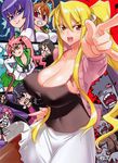  2boys 5girls blonde_hair breasts busujima_saeko camisole cleavage crowbar dog highres highschool_of_the_dead hirano_kohta huge_breasts komuro_takashi maresato_alice marikawa_shizuka miyamoto_rei multiple_boys multiple_girls parody pink_hair pointing purple_hair red_eyes saliva satou_shouji scott_pilgrim style_parody takagi_saya tsuzuki_shiori weapon 